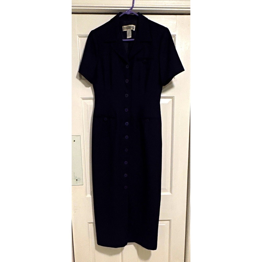 Jessica Howard Navy Solid Shirt Dress Button Front Collared Woven Polyester 6